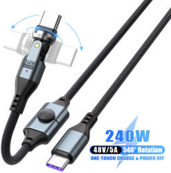 Prestige Charge Cablu USB-C cap rotativ 180 de grade, PRESTIGE CHARGE®, 240W, buton ON/OFF, PD 3.1, SuperFastCharge 2.0, iPhone 15-17 Pro & ProMax, Samsung, laptop, - prestigecharge - 49,95 RON