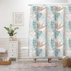 Print Perdea de Dus Print Model Frunze Tropicale, Turcoaz, Bej si Alb, Marime 180 180 cm, Poliester si Polipropilena, 12 Inele Incluse Covor baie