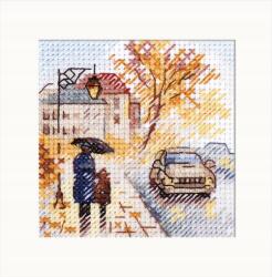  Keresztszemes hímzőkészlet Ősz a városban. Nedves körút. 7x7 cm (0-218)