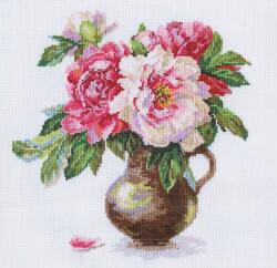  Keresztszemes hímzőkészlet Virágzó kert. Pünkösdirózsák 25x26 cm (2-21)