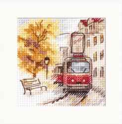  Keresztszemes hímzőkészlet Ősz a városban. A villamos 7x7 cm (0-217)