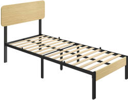 HomCom Ágyrács 90 x 200 cm fejtámlával, emelvényes ággyal, egyszemélyes ággyal, fekete-natúr fa (83D-229V00ND)