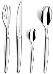 TYPEC Set tacâmuri 24 piese Lou Laguiole Jet, 6 persoane, inox 18/0, grosime 2.5 mm, cuțite zimțate, finisaj lucios tip oglindă, Argintiu Tacam