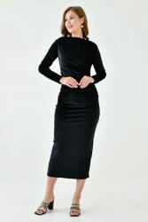  Fekete Ruha Elegáns Női Bársony Hosszú Ujjú MIDI Egyenes L 5GA (SMT-MAE-3660)