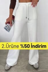  Fehér Melegítőnadrág Széles Szárrésszel És Zsebekkel S5IA (BK1086/Ekru)