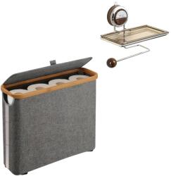 quandes Kit Cos de depozitare pentru hartie igienica cu capac, si Suport Hartie Igienica QUANDES®, Capacitate 12 role, Pliabil, design slim, gri, 45x15x35cm, fara hartie igienica