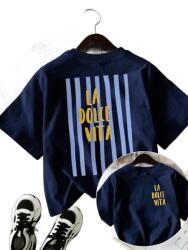 Shein Sötétkék La Dolce Vita Pamut Póló L Felirattal 1MA