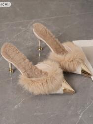 Shein Elegáns Magassarkú Flip-flop Papucs Szőrmével És Arany Orral 39, 5 1