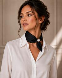Shopika Esarfa colier satinata cu perla decorativa si inchidere magnetica, negru uni