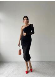  Fekete Ruha Elegáns Egyvállas MIDI Esküvő Hosszú Ujjú L 5GA (253)