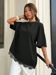 Shein Fekete Női Oversize Laza Póló Csipkével M 1MA