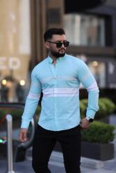  Férfi Ing Casual Kék Csíkos Hosszú Ujjú XL 5IA (2310-23/Turkuaz)