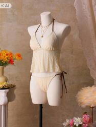 Shein Krémszínű Bikini Bordázott Felsőrésszel És Nyakpánttal 1DB