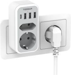 Tessan Priza Multipla Tessan TS-328, 2 Prize, 1 port USB-C, 3 Porturi USB, 240 V, Alb , 3600W (TS-328)