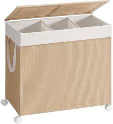  SONGMICS Cos rufe din tesatura tip ratan, 140L cu 3 compartimente si roti, 66x38x65 cm, bej natur (EZ-LCB602N01)