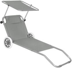  Sezlong pliabil pentru plaja, cu roti, parasolar reglabil si buzunar depozitare, 150x61 cm, 120 kg, gri (GC-0042)