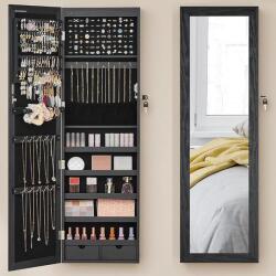 SONGMICS Dulap pentru bijuterii cu oglinda, montare pe perete sau usa, material MDF, inchidere cu cheie, 120x37x10 cm, negru (EZ-JJC093B01) Garderoba