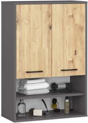  Dulap baie suspendat, cu 2 usi si 2 rafturi deschise, PAL 16 mm, 64x30x94 cm, gri si stejar artisan (AK-12214114)