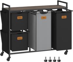  VASAGLE Cos de rufe cu 4 compartimente 2x25 L si 2x50 L, mobil cu roti, saci detasabili, 99x33x81 cm, maro si negru (EZ-BLH203B01)