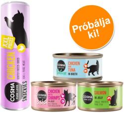 Cosma Cosma próbacsomag macskáknak szenzációs áron-Mix: 6x85 g Original, 6x85 g Asia, 6x70 g Nature, 1x Snackies XXL 26 g