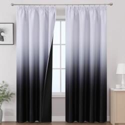 Vehede Sötétítő Függöny Ráncoló Szalaggal, Fekete-Fehér Ombre, 2 db Termovorhang Hálószobába, Sínrendszerhez, Hidegszigetelés, 214 x 132 cm