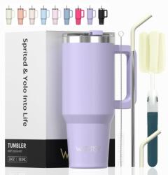 WATERSY 20 oz Termosz Kávésbögre Lila, Dupla Falú Rozsdamentes Acél Vákuumos Szivárgásmentes Pohár Fogantyúval és Szívószállal, 591 ml