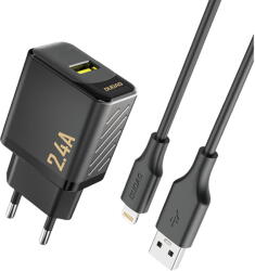 Dudao A23LEU 2.4A GaN EU USB-A Wall Charger with USB-A to Lightning Cable - Black (A23LEU black) - vexio