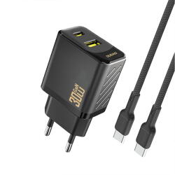 Dudao A27TCEU PD 30W GaN USB-A USB-C Wall Charger with USB-C Cable - Black (A27TCEU black) - vexio