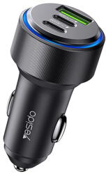 YESIDO 2x USB-C + USB-A PD QC3.0 încărcare rapidă inel luminos LED cip inteligent de control al temperaturii 60W Negru (KF2355104)
