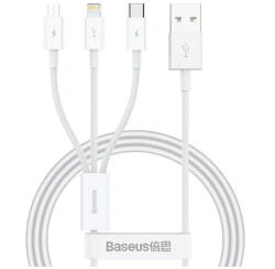 Baseus Cablu de Date USB to USB-C, Lightning, Micro-USB, 100W, 480Mbps, 1.5m - White (KF2349574) - vexio