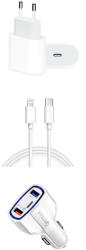 Apple Pachet , Incarcator Fast Charge Apple 20W pentru iPhone 12, 12pro, 12 Pro Max +Cablu de date 2m Type-C-Lightning + Adaptor fast auto 7A
