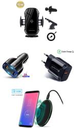 E-smartgadget Set 4buc, Incarcator Auto, Luxury S6 New Model, Automatic sensor, fast wireless charge 10W, prindere grila ventilatie+Ventuza, negru +fast car chargers 12V/3.5A, +wireless charge slim pad 10w