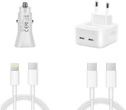 quandes Pachet 4 buc Incarcator Fast Charge 40W dual usb C, pentru iPhone 15pro, 14, 13 12 Pro Max, 2 Cablu de date 2m USB-C - C, USB-C Lightning, 60w, Adaptor auto USB-C, 20W, QUANDES®