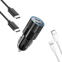 QUANDE Set Incarcator auto 40w, Quande, 2 x USB-C PD, 1 X cablu USB-C, 1 X cablu USB-C - Lightning 1m