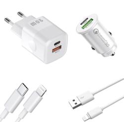 QUANDE Set 4 buc, 1 incarcator 20W PD Type-C, USB QC, 1 Adaptor auto 20W PD Type-C, USB QC, pentru iPhone 14, 13, 12, 11, XsMax, 1 lighting usb-A, 1 cablu date lighting usb-C, 1M