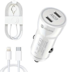 quandes Kit incarcator auto Dual fast charger USB-C-C 60W, Cablu date USB-C-C 60W, USB-C-ligth 37W, 1M, Compatibil cu iPhone 17, 16, 15, 14, 13, 12 pro max, QUANDES® - quandes - 139,00 RON