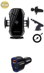 E-smartgadget Suport telefon pentru auto cu incarcare wireless qi 10W, Model S6, Wireless Charger + Incarcator auto fast charge 12v/3.5A, Negru, set