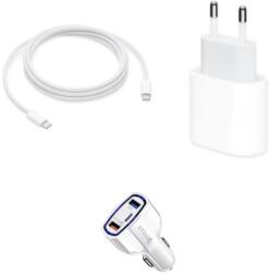 quandes Pachet, Incarcator Fast Charge Apple 20W pentru iPhone 15, 15pro, 15 Pro Max, ipad pro-2019, Cablu de date 2m USB-C - USB-C, Adaptor fast auto 7A, QUANDES®