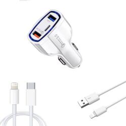 quandes Kit Incarcator Auto FAST Charger 12V 3.5A, 1buc Cablu date Usb-A-light, 1buc Usb-C-light, pentru iphone 14, 13, 12, 11, xsmax, Alb Set 3 buc