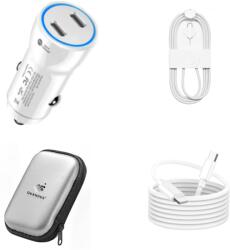 quandes Kit incarcator auto Dual fast charger USB-C-C 60W, Cablu date USB-C-C 60W, USB-C-ligth 37W, 1M, Compatibil cu iPhone 17, 16, 15, 14, 12 pro max, QUANDES®, geanta depozitare