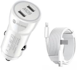 quandes Kit incarcator auto Dual fast charger USB-C-C 60W, Cablu date USB-C-ligth 37W, 2M, QUANDES®, Compatibil cu iPhone 14, 13, 12 pro max