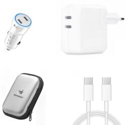 quandes Kit Incarcator Dual USB-C 50W Fast Charger, Cablu date USB-C-C 67W, 2M, incarcator auto Dual USB-C-C 60W, Compatibil cu iPhone16, 16 pro max, QUANDES®, Geanta de depozitare EVA