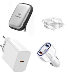 quandes Pachet, Incarcator Fast Charge 20W compatibil pentru iPhone 14, 13 pro, 12 Pro Max +Cablu de date 2m Type-C-Lightning + Adaptor fast auto 7A, Geanta de depozitare EVA