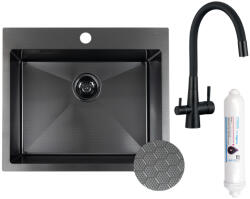 Laveo MALAWI fekete színű, struktúrált felületű beépíthető inox mosogató szifonnal, RIVECO vízszűrős szettel, 50x58x20 cm (SLMA_710F) - aquamixwebaruhaz