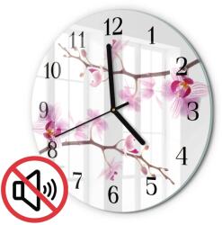 TULUP Kerek Dekoratív Üveg Óra Orchidea Mintával Fekete Fi30 cm (010010500040200171198)