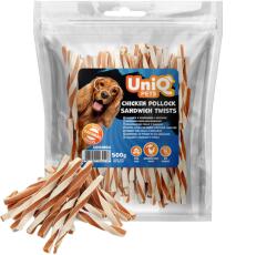 Uniq Pets Meaty Chicken Pollock Sandwich Twists дъвчащи лакомства за кучета с пилешко и сайда, 500 г
