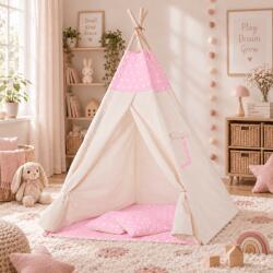 Kidizi Cort copii stil indian Teepee Tent Pink Stars, include salteluta si 2 pernute, stabilizator cadou (5949221105024)