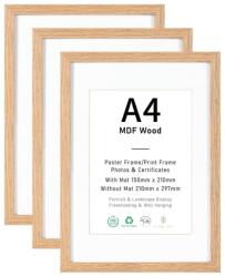 ATOBART Képkeret A4 MDF Fa Natúr 3 db-os Szett 21x29, 7 cm Akrilüveggel Falra Akasztható Fényképkeret Oklevelekhez Fotókhoz Poszterekhez