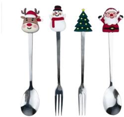  Set 4 Tacamuri, Flippy, cu Figurine de Craciun, din Otel Inoxidabil, 2 Furculite, 2 Linguri, Cutie Festiva, 13.5 cm, Rosu (CR-132434) Tacam
