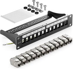 TYPEC Panou Patch Modular de 12 Porturi deleyCON, 1U, Rack 10 Inch + 12 Bucăți Module Keystone RJ45 CAT6a, Negru
